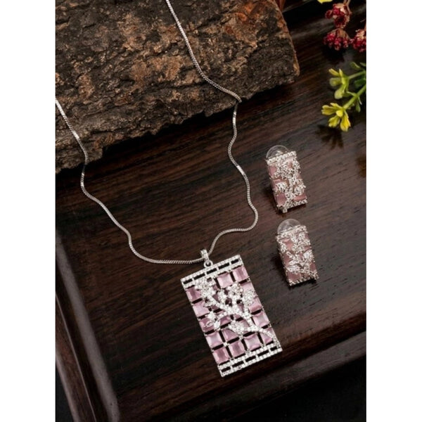 Women's Brass Silver Plated Pendant Set (Pink)