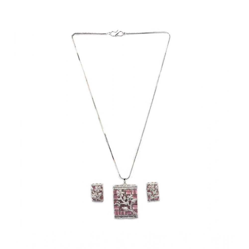 Women's Brass Silver Plated Pendant Set (Pink)