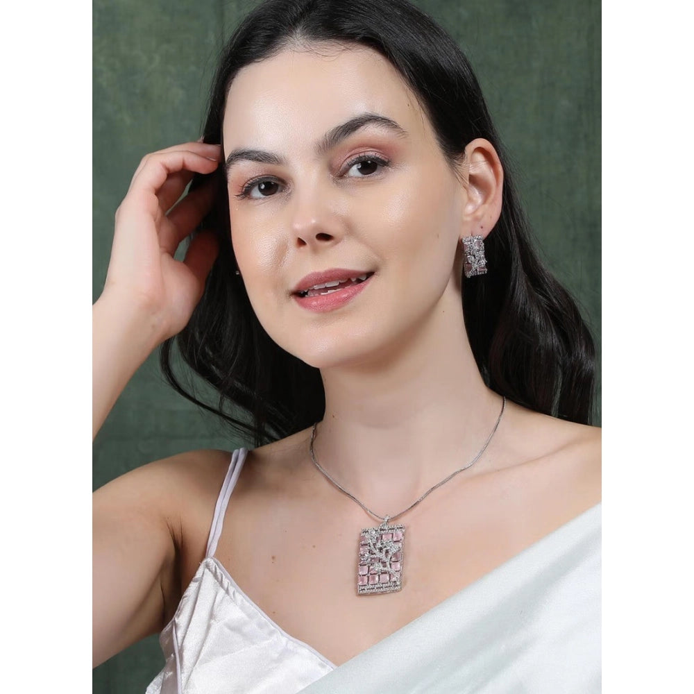 Women's Brass Silver Plated Pendant Set (Pink)