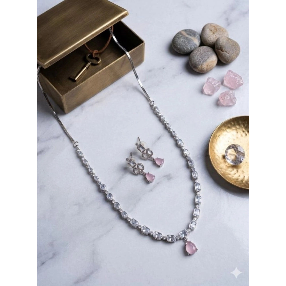 Women's Brass Silver Plated Necklace set (Pink)
