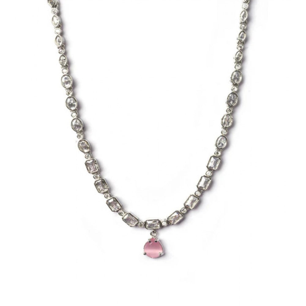 Women's Brass Silver Plated Necklace set (Pink)