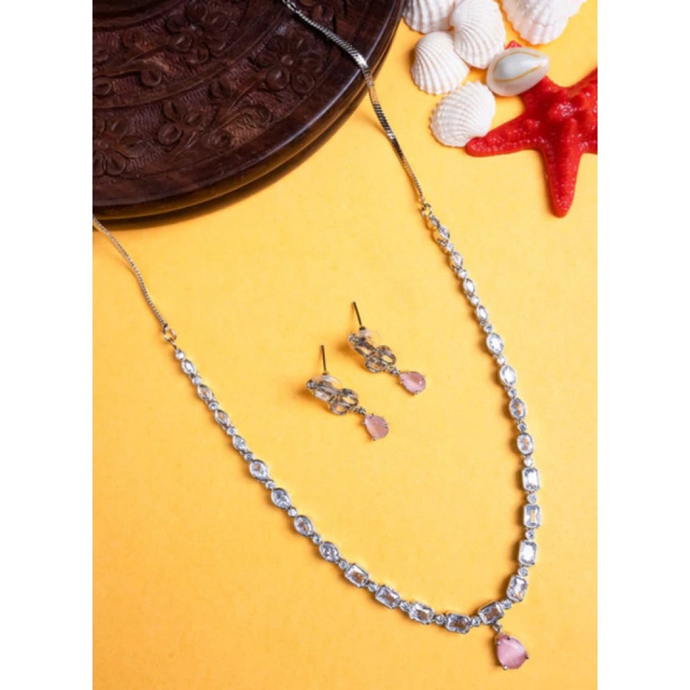 Women's Brass Silver Plated Necklace set (Pink)