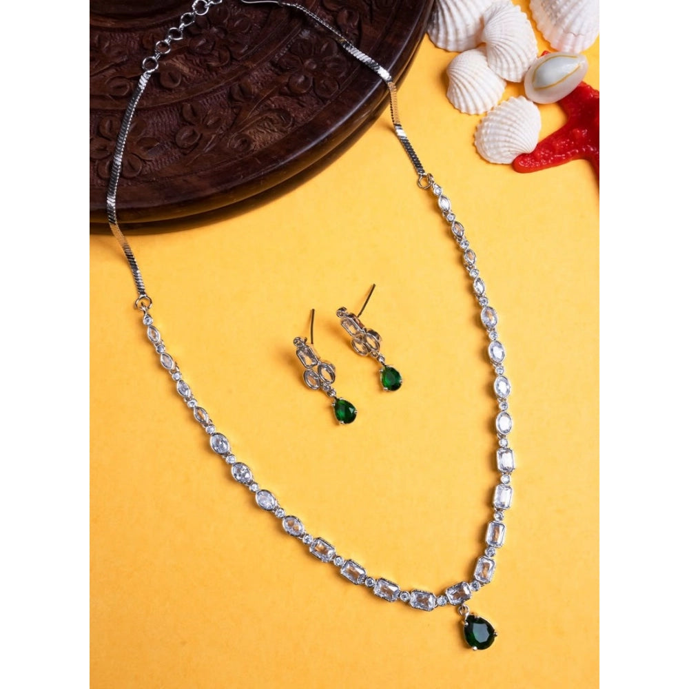 Women's Brass Silver Plated Necklace set (Green)