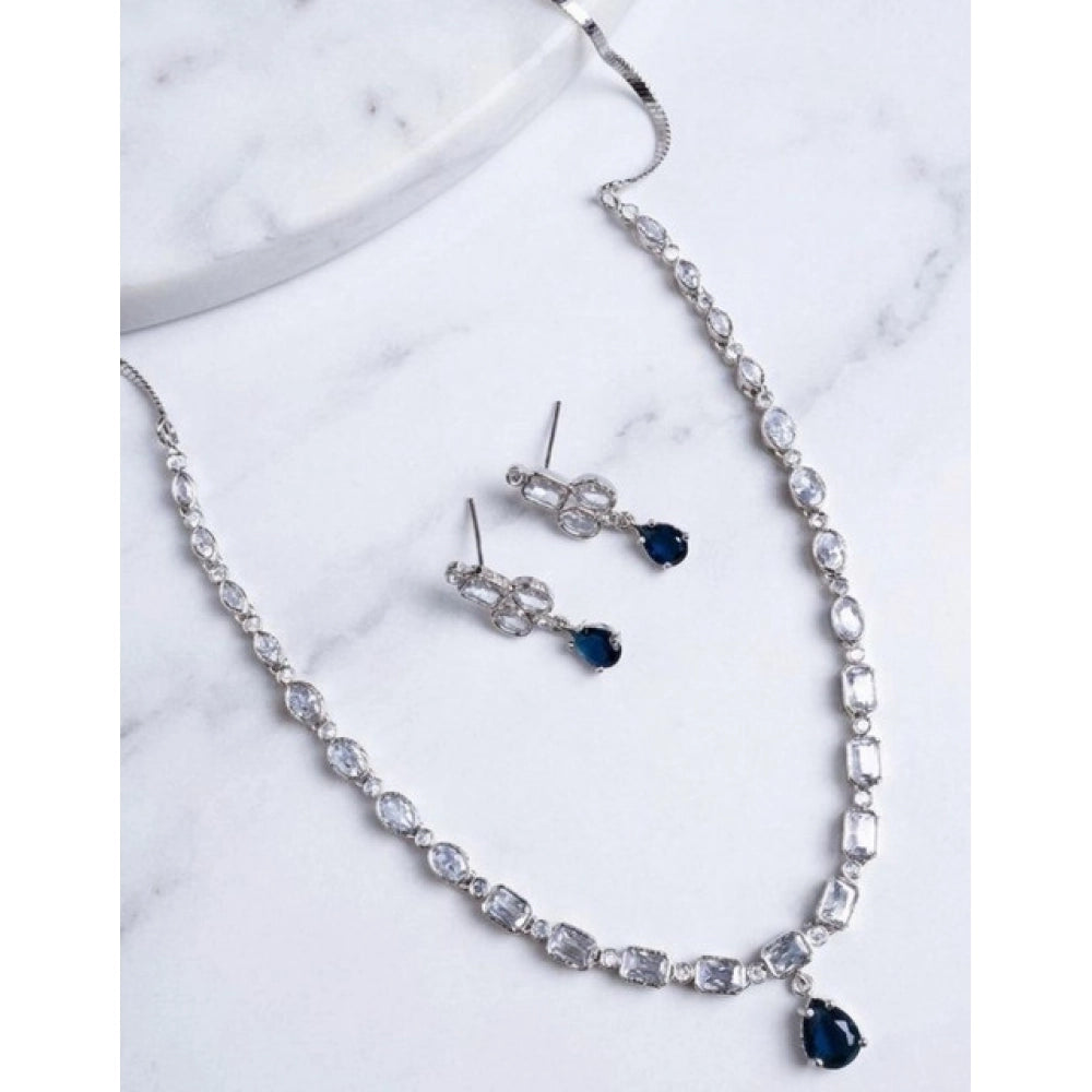 Women's Brass Silver Plated Necklace set (Blue)