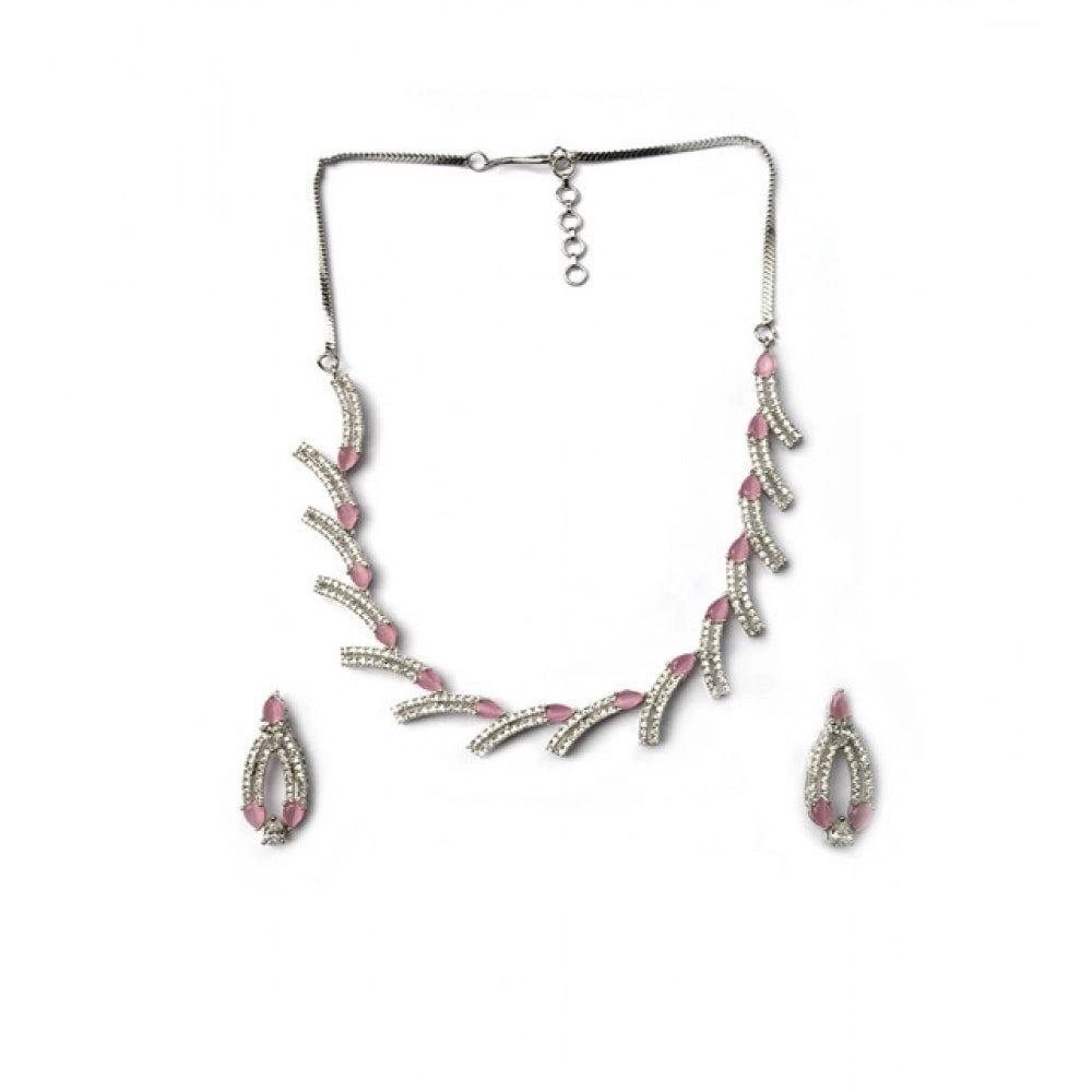 Women's Brass Silver Plated Necklace set (Pink)