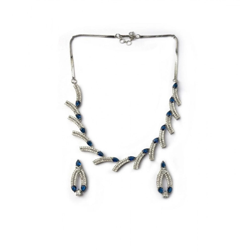 Women's Brass Silver Plated Necklace set (Blue)