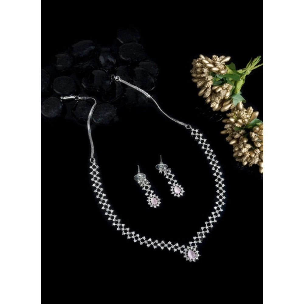 Women's Brass Silver Plated Necklace set (Pink)
