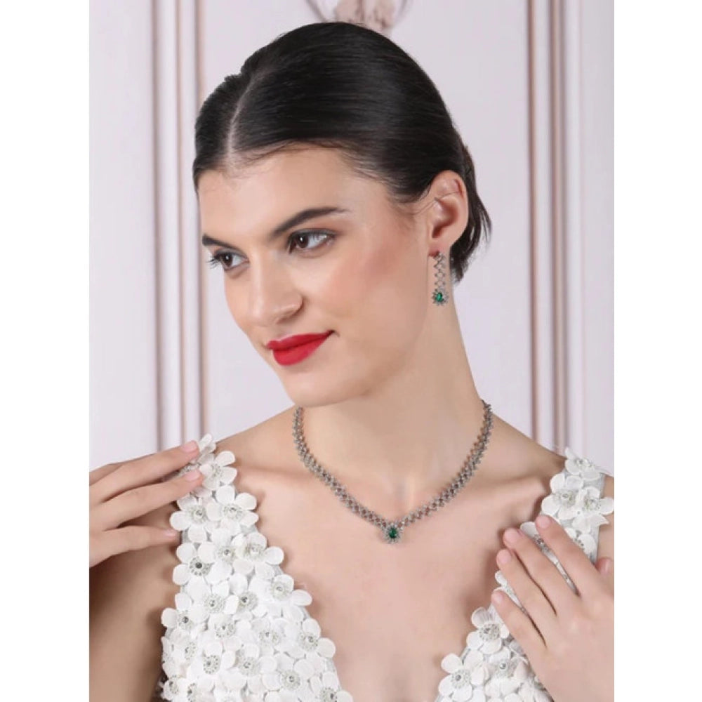 Women's Brass Silver Plated Necklace set (Green)
