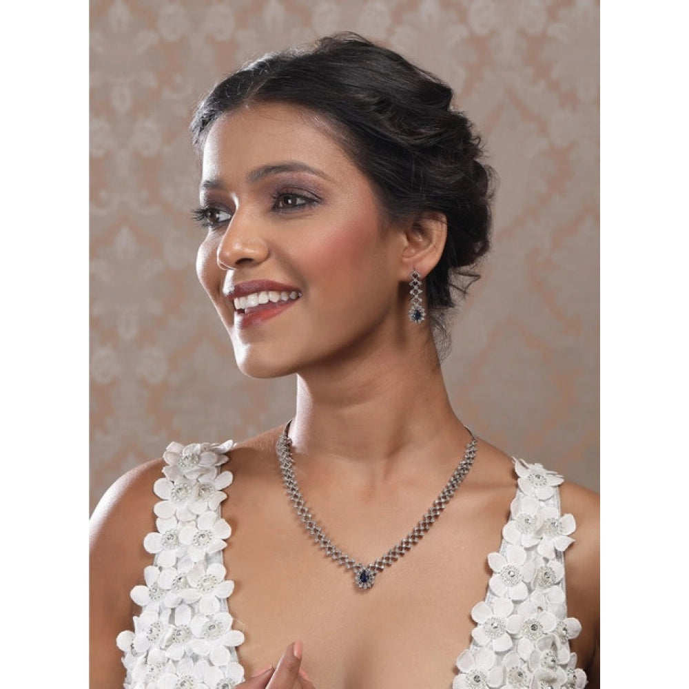 Women's Brass Silver Plated Necklace set (Blue)