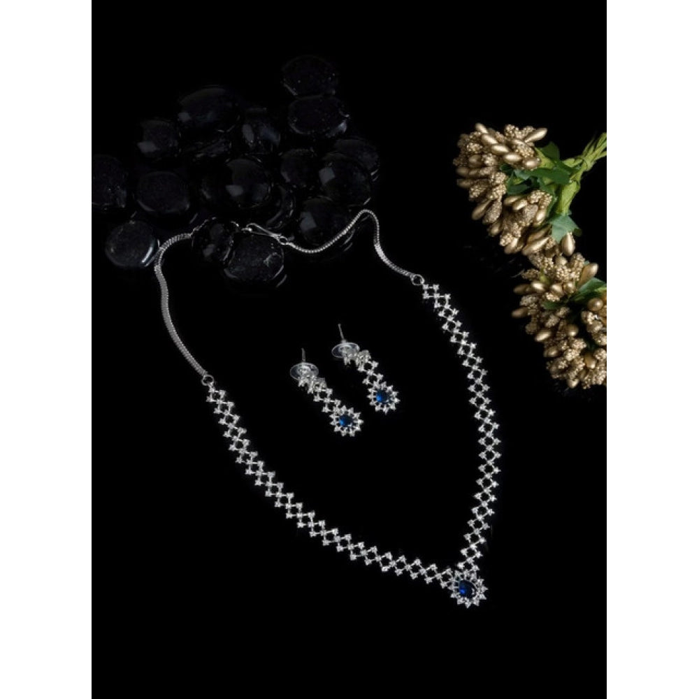 Women's Brass Silver Plated Necklace set (Blue)