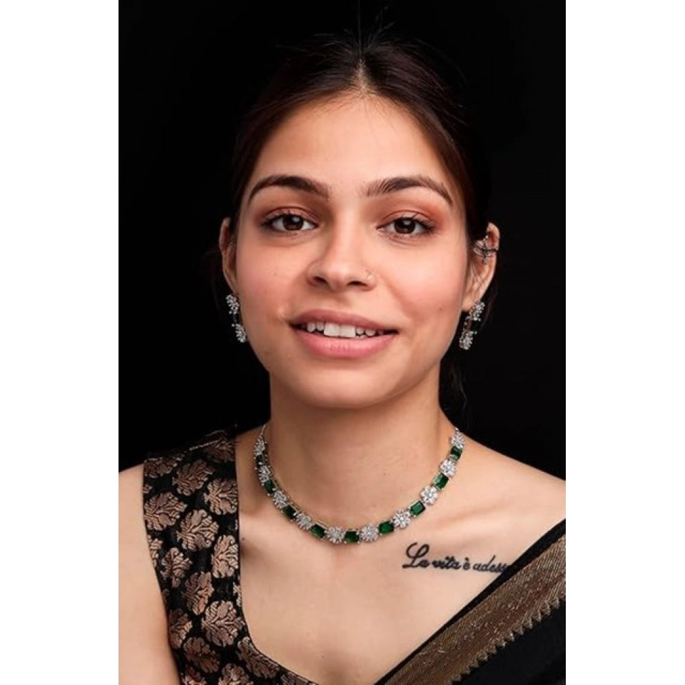 Women's Brass Silver Plated Necklace set (Green)