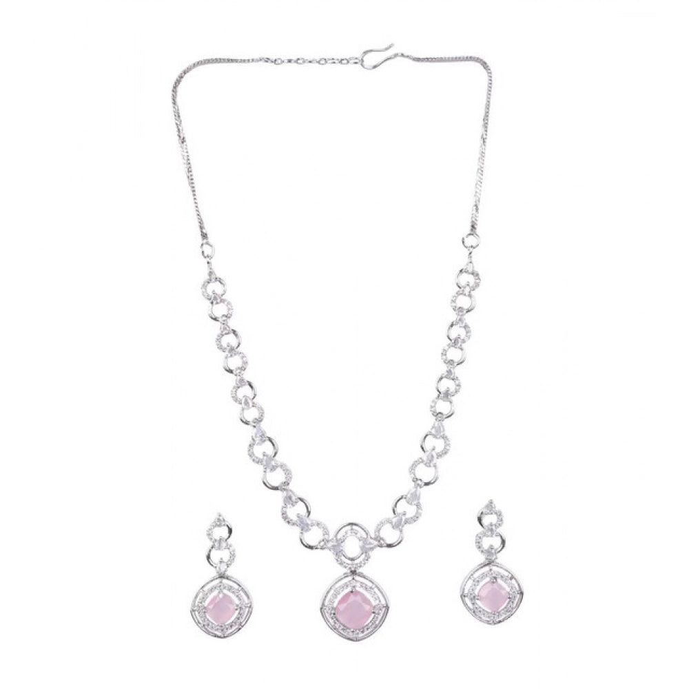 Women's Brass Silver Plated Necklace set (Pink)