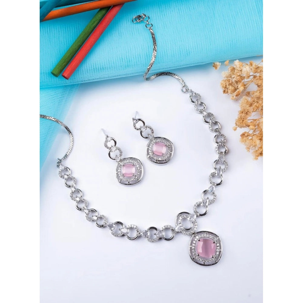 Women's Brass Silver Plated Necklace set (Pink)