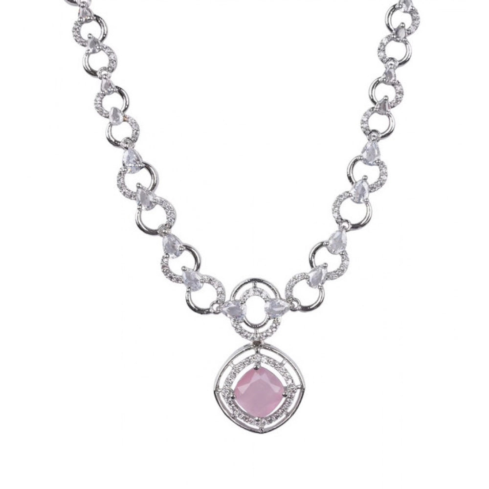 Women's Brass Silver Plated Necklace set (Pink)