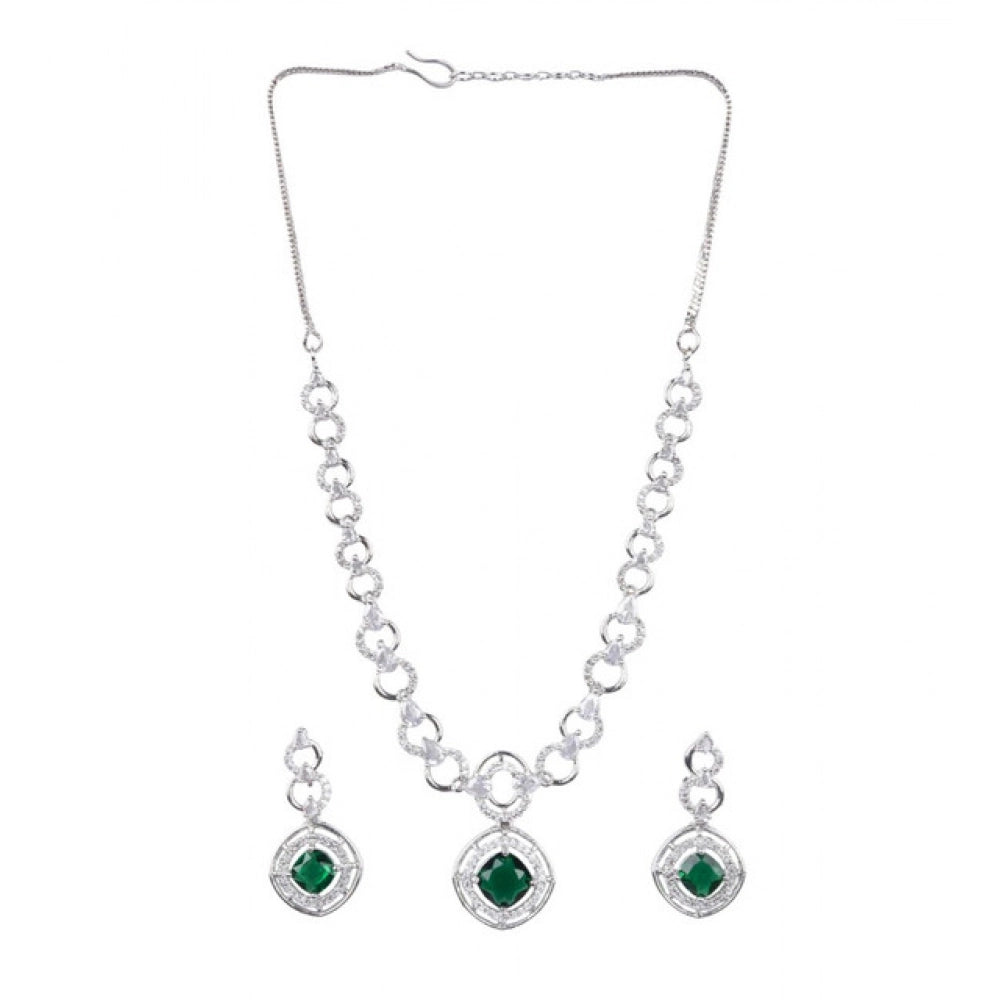 Women's Brass Silver Plated Necklace set (Green)
