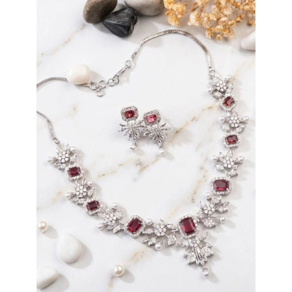 Women's Brass Silver Plated Necklace set (Red)