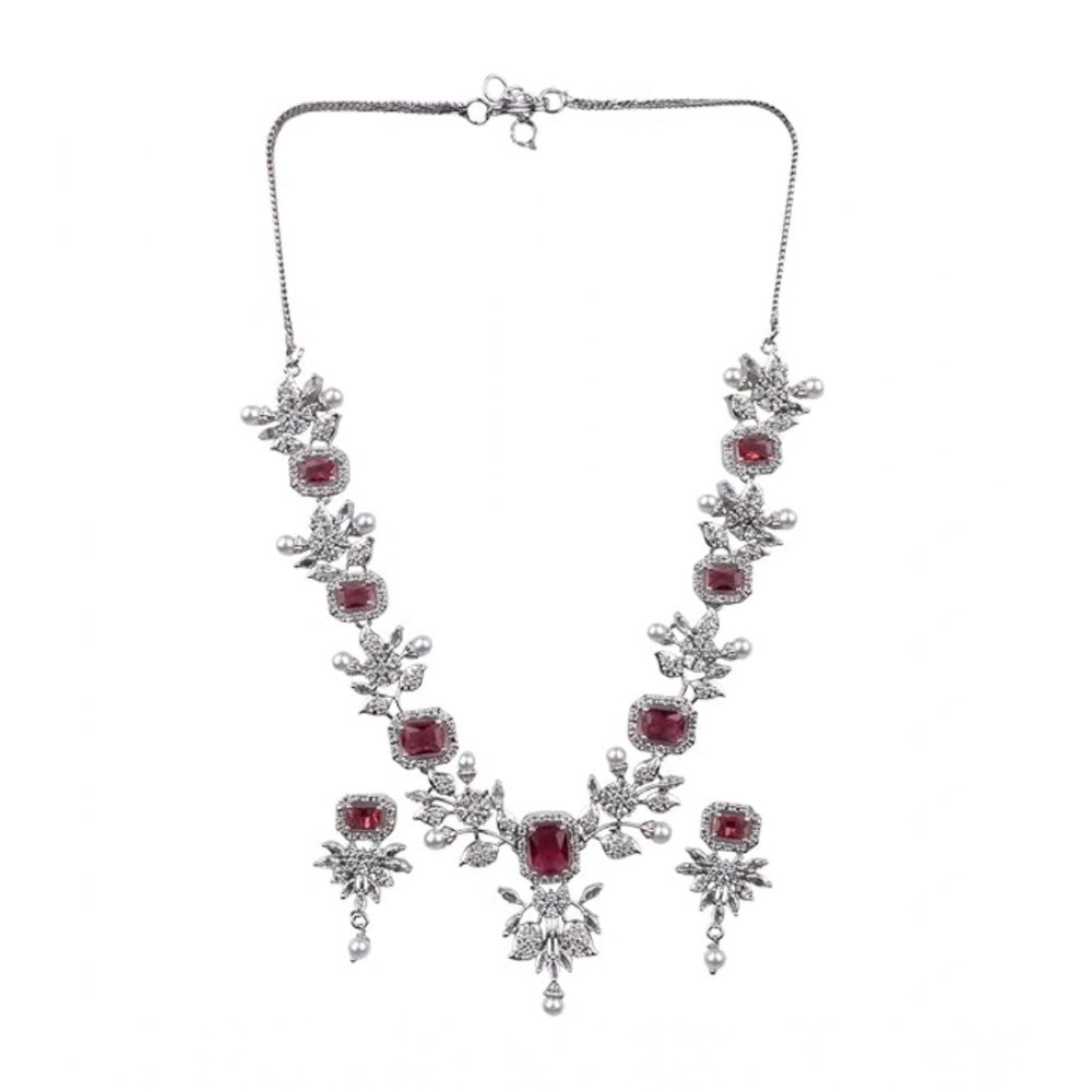 Women's Brass Silver Plated Necklace set (Red)