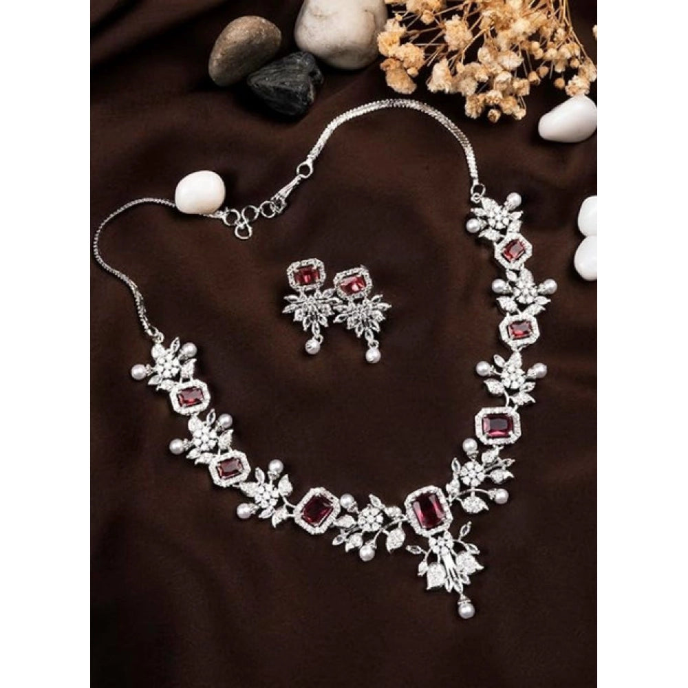 Women's Brass Silver Plated Necklace set (Red)