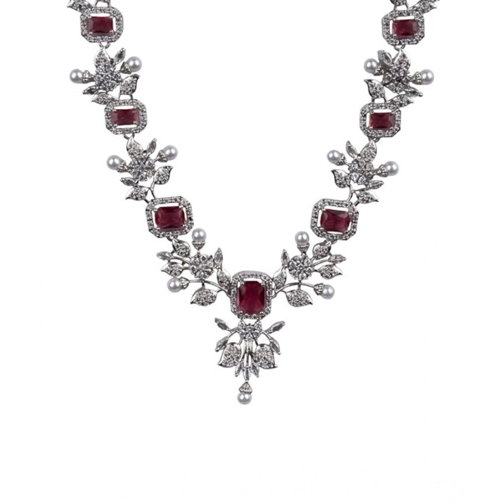 Women's Brass Silver Plated Necklace set (Red)