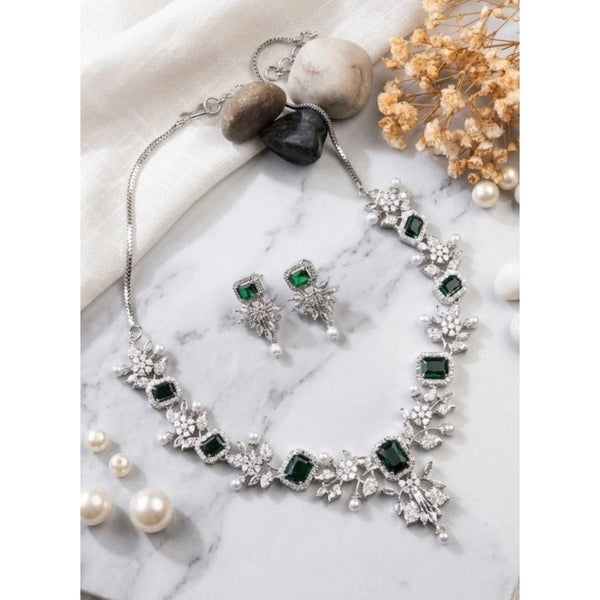 Women's Brass Silver Plated Necklace set (Green)