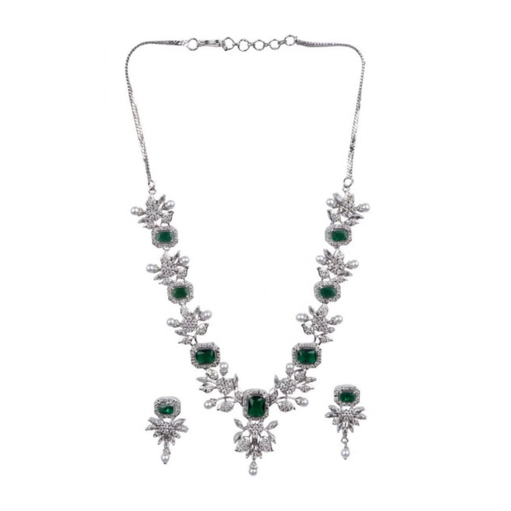 Women's Brass Silver Plated Necklace set (Green)