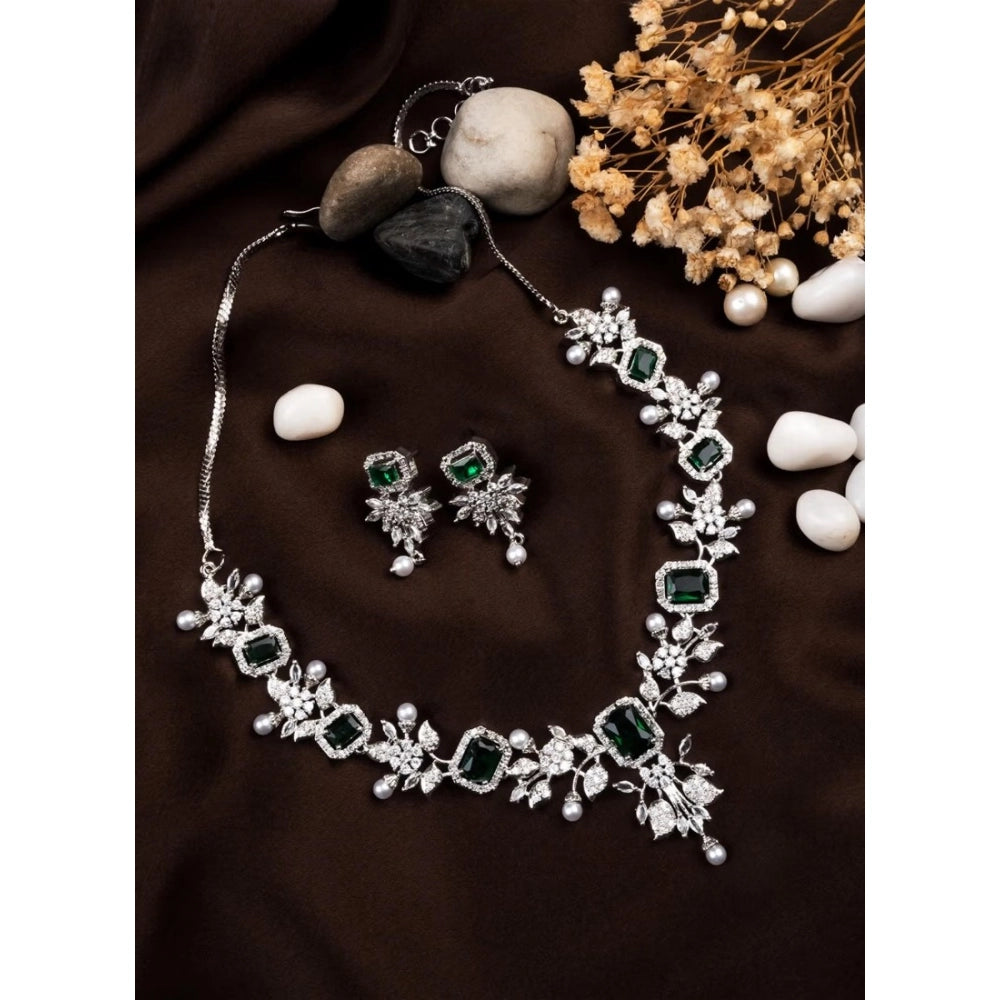 Women's Brass Silver Plated Necklace set (Green)