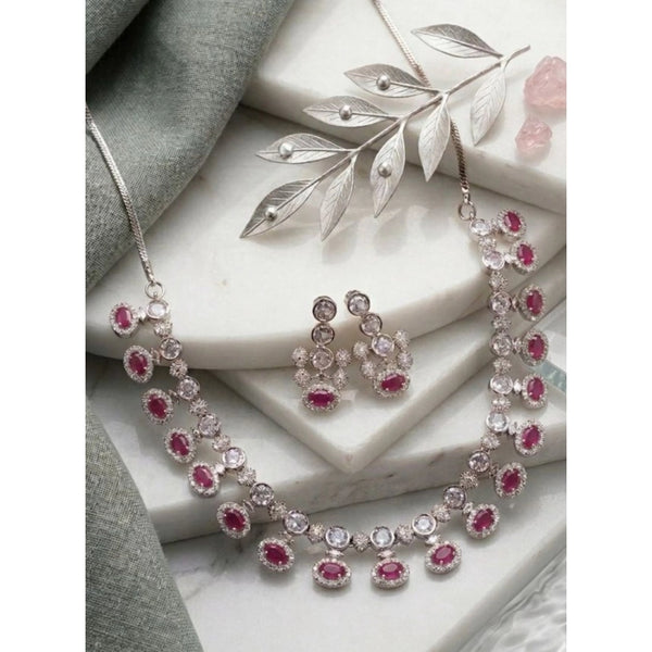 Women's Brass Silver Plated Necklace set (Pink)