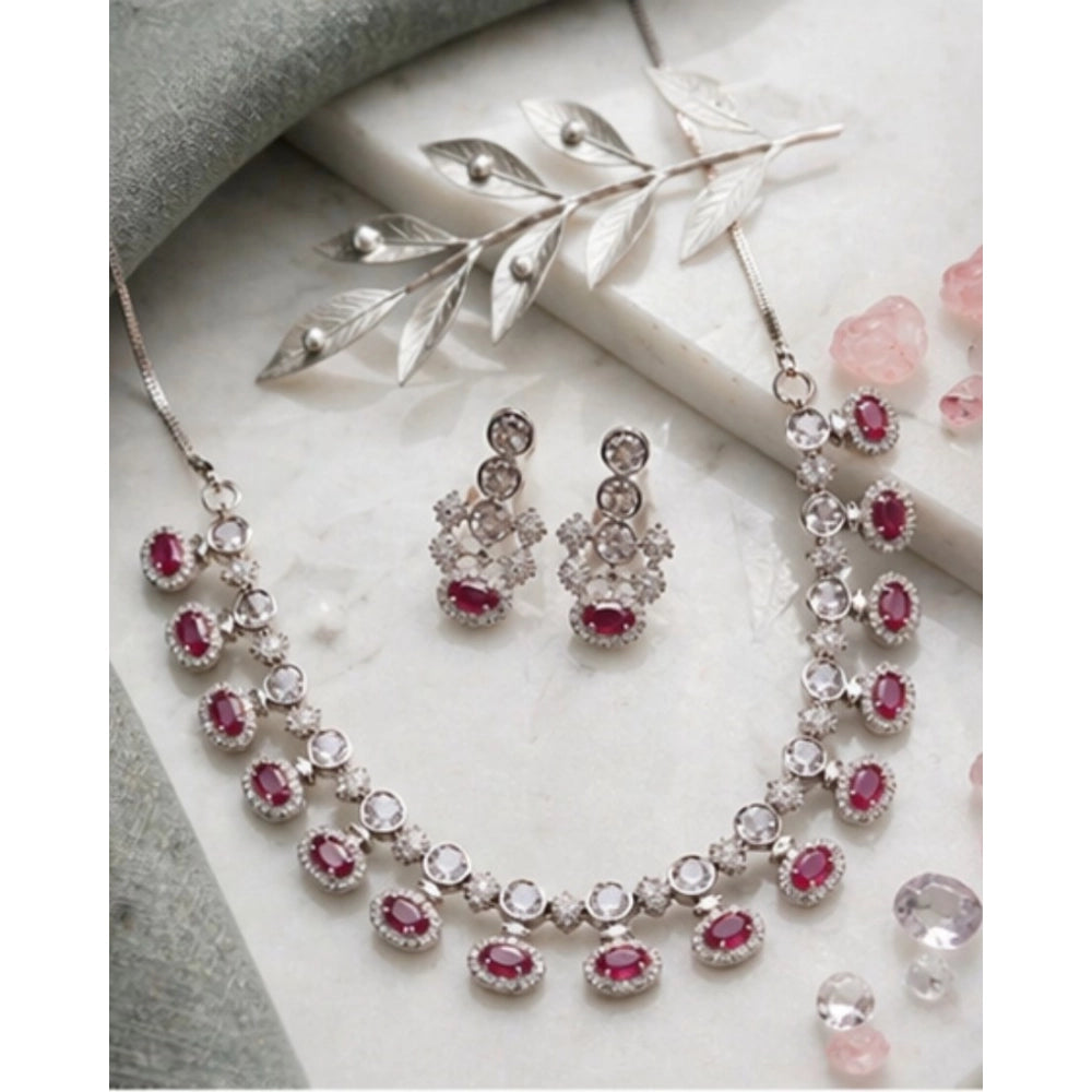 Women's Brass Silver Plated Necklace set (Pink)