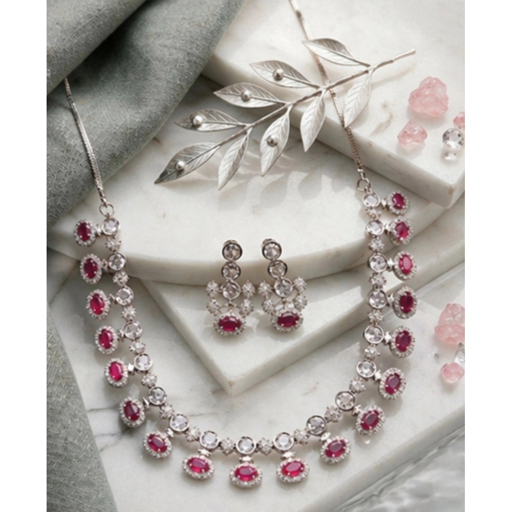 Women's Brass Silver Plated Necklace set (Pink)