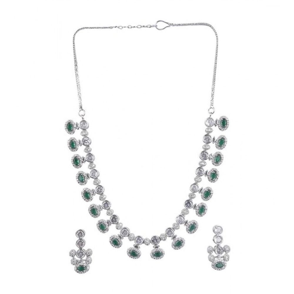 Women's Brass Silver Plated Necklace set (Green)