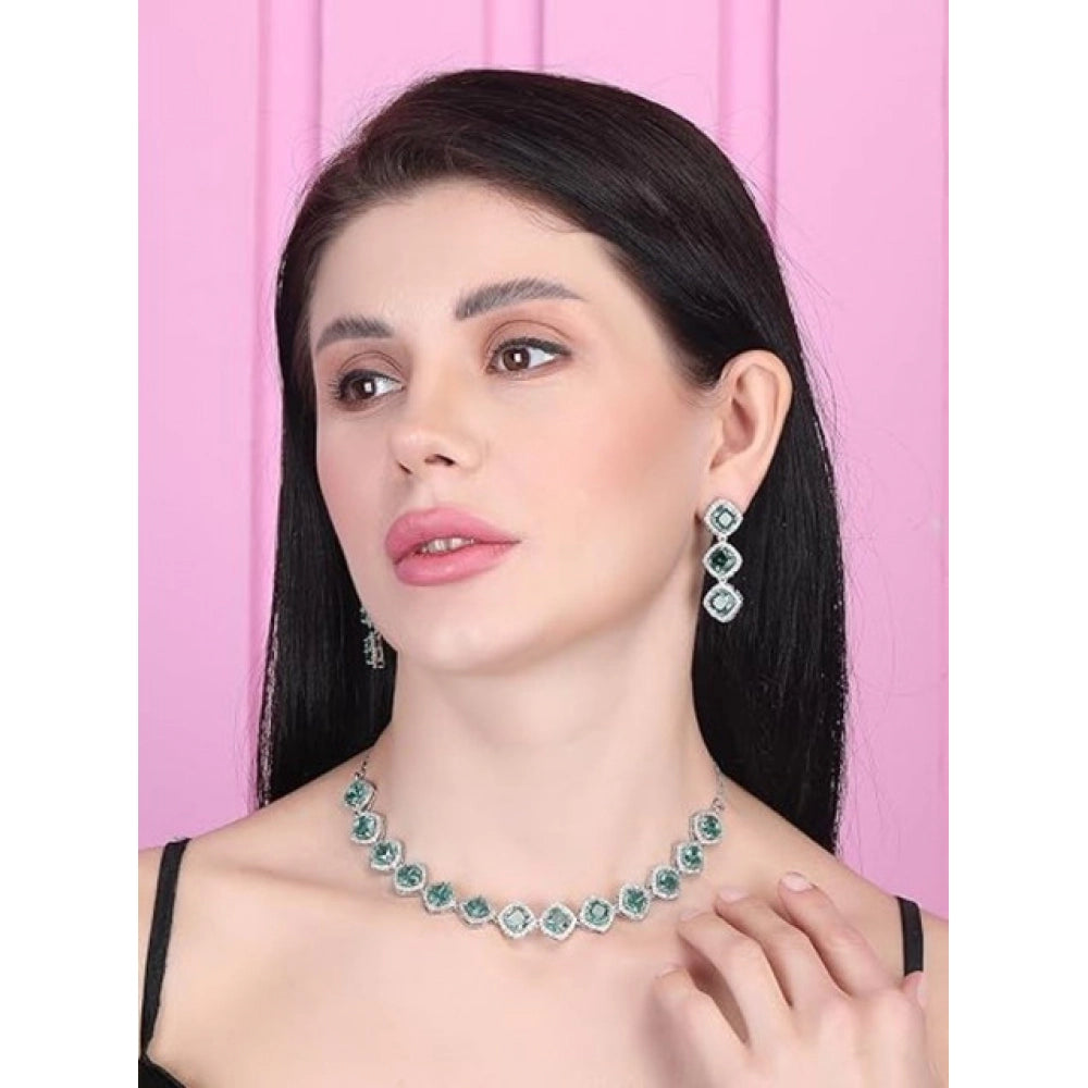 Women's Brass Silver Plated Necklace set (Green)