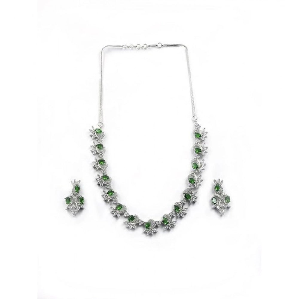 Women's Brass Silver Plated Necklace set (Green)