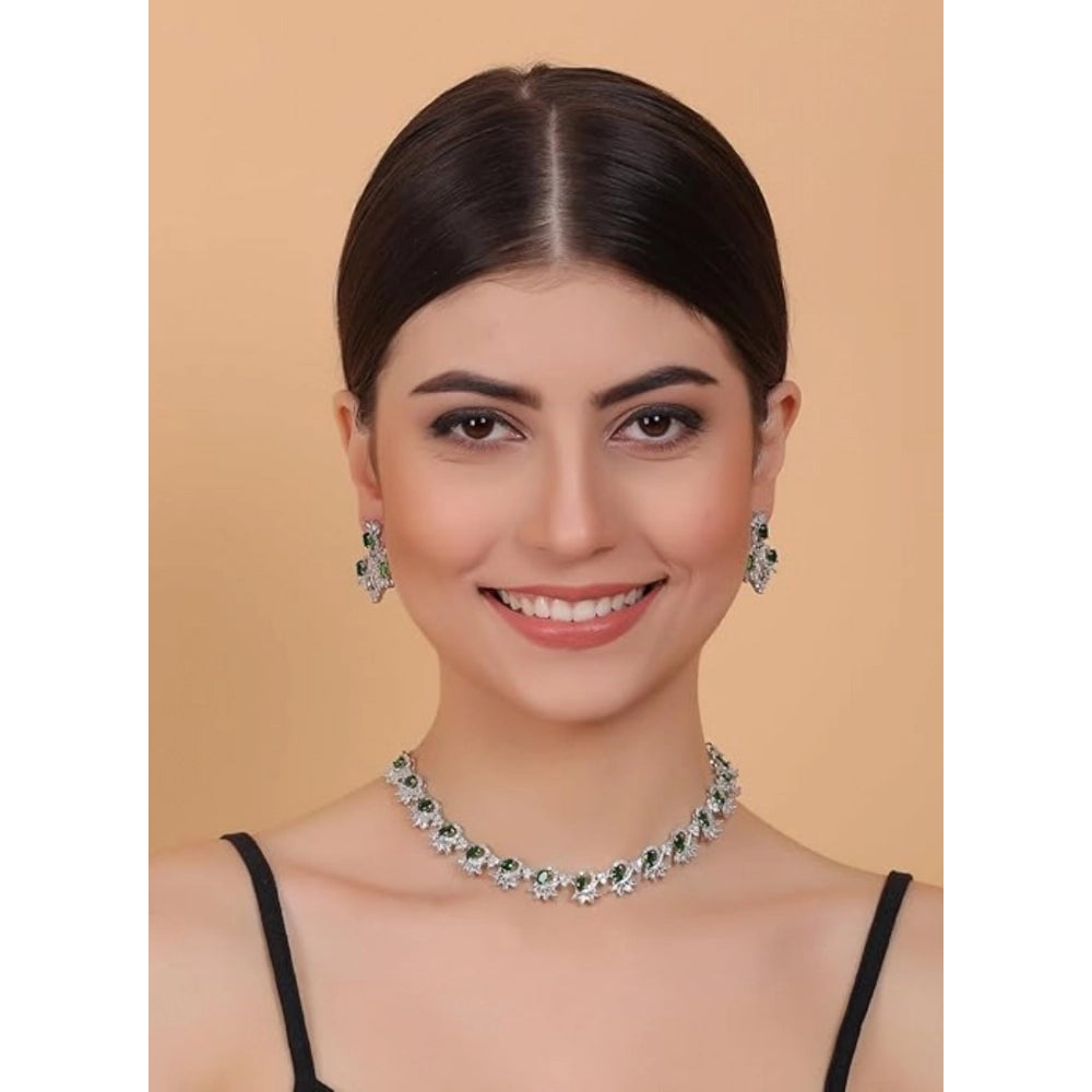 Women's Brass Silver Plated Necklace set (Green)