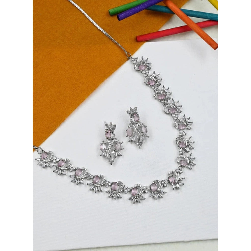 Women's Brass Silver Plated Necklace set (Pink)