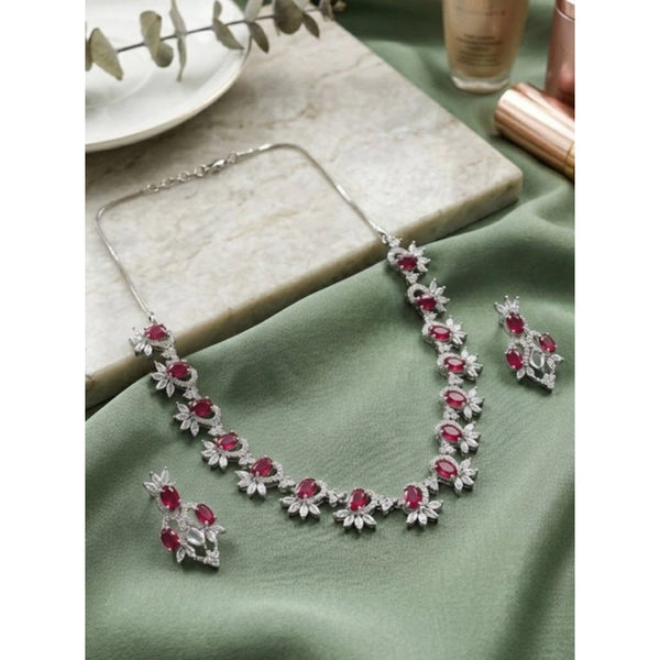 Women's Brass Silver Plated Necklace set (Red)