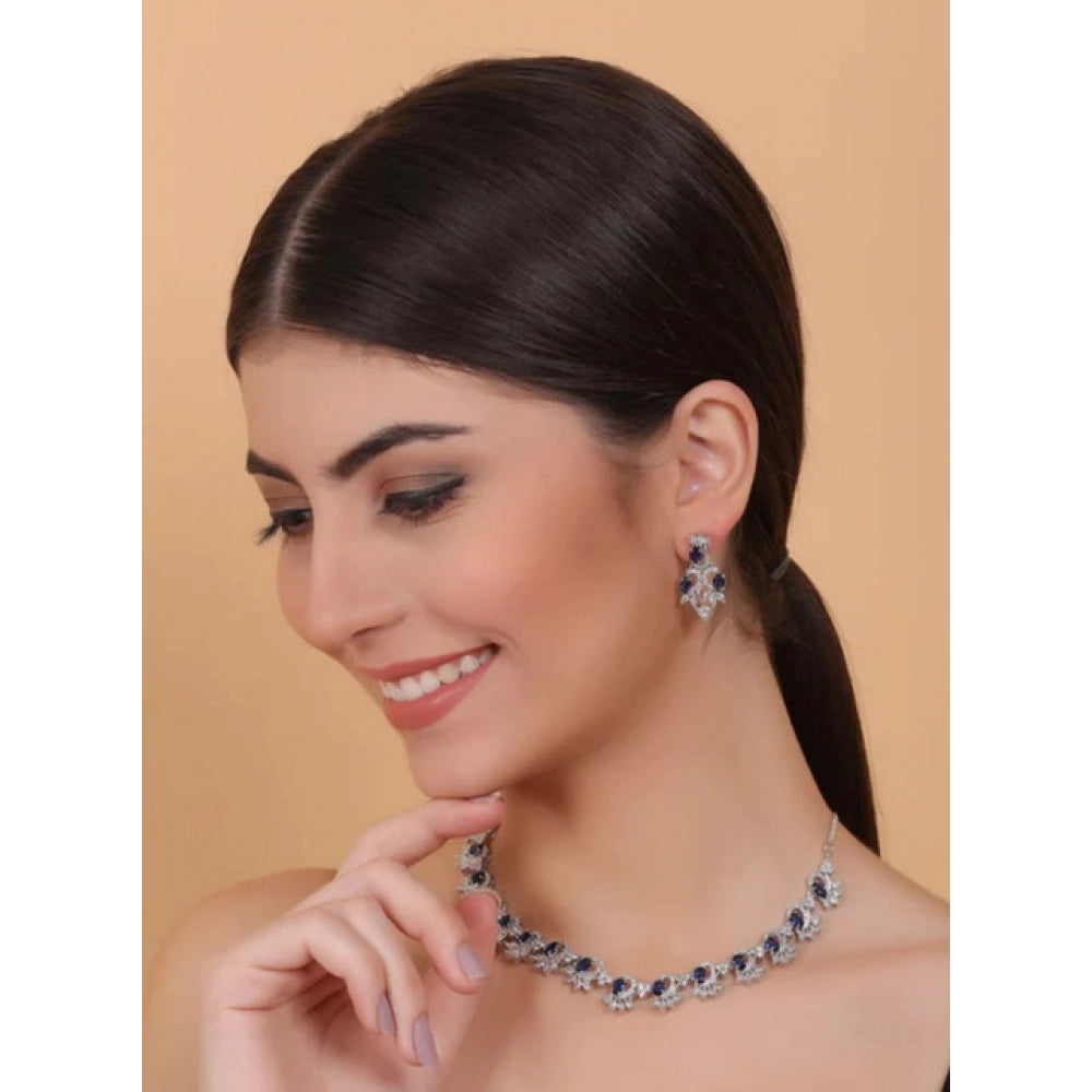 Women's Brass Silver Plated Necklace set (Blue)