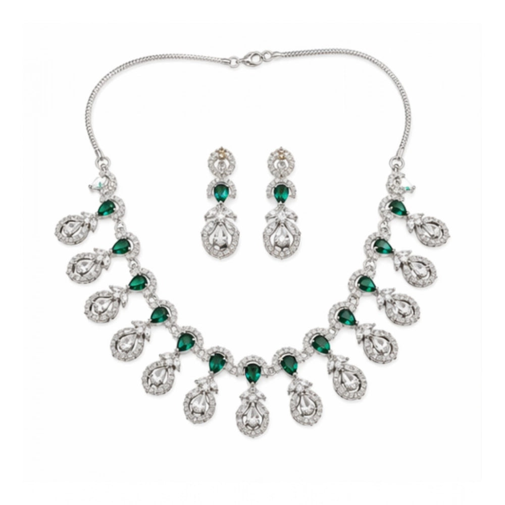 Women's Brass Silver Plated Necklace set (Green)