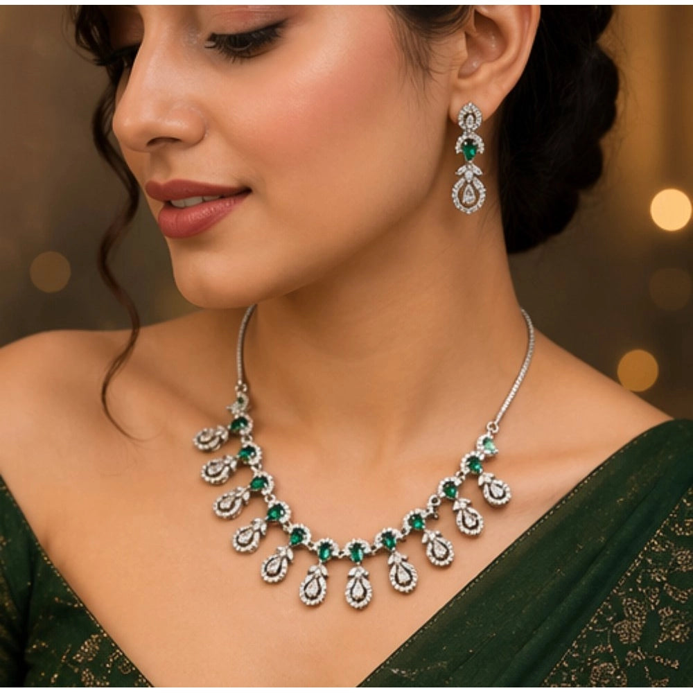 Women's Brass Silver Plated Necklace set (Green)