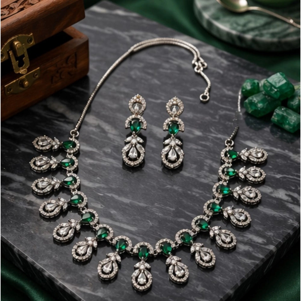 Women's Brass Silver Plated Necklace set (Green)