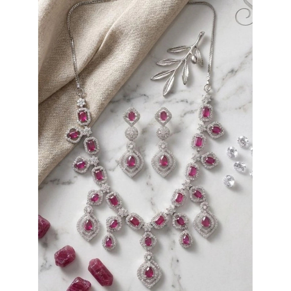 Women's Brass Silver Plated Necklace set (Red)