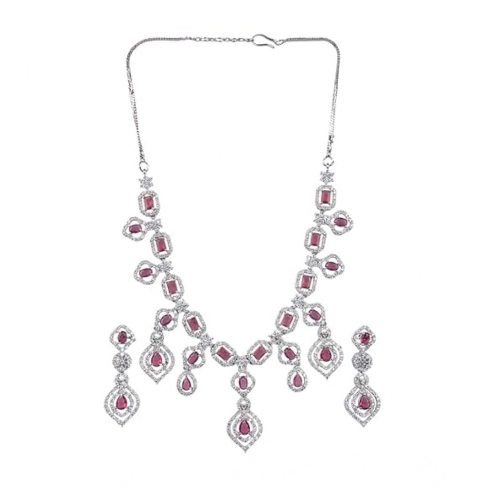 Women's Brass Silver Plated Necklace set (Red)