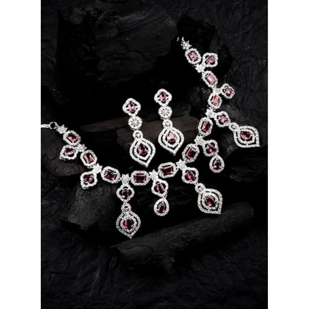 Women's Brass Silver Plated Necklace set (Red)