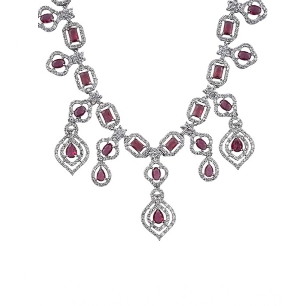 Women's Brass Silver Plated Necklace set (Red)