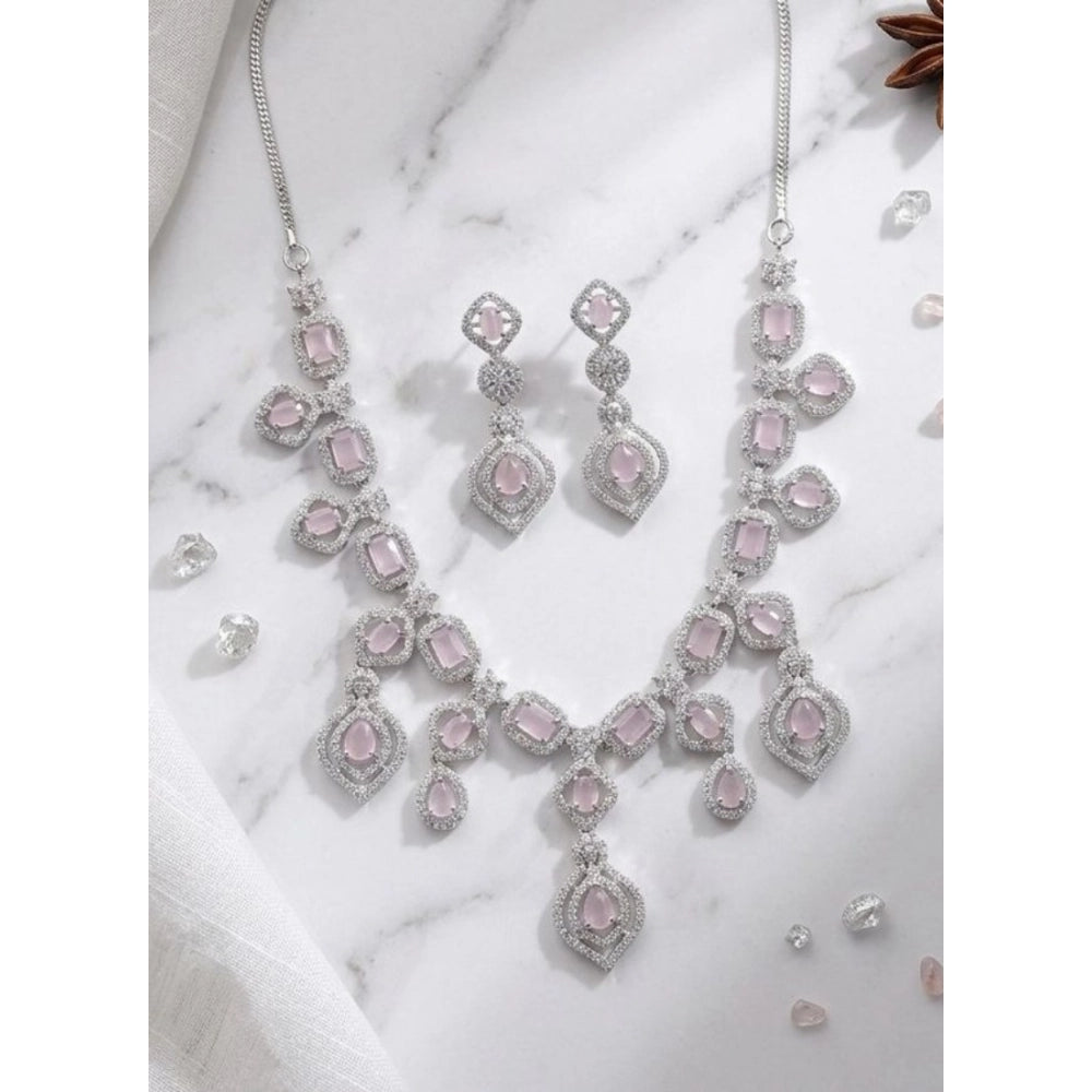 Women's Brass Silver Plated Necklace set (Pink)
