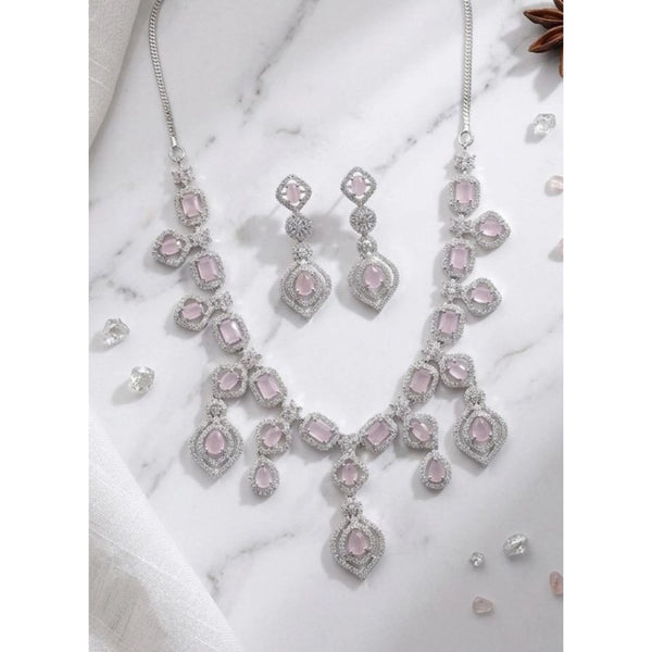 Women's Brass Silver Plated Necklace set (Pink)