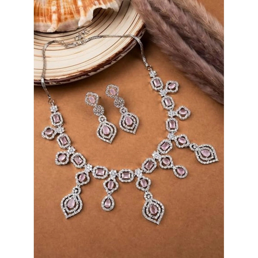 Women's Brass Silver Plated Necklace set (Pink)