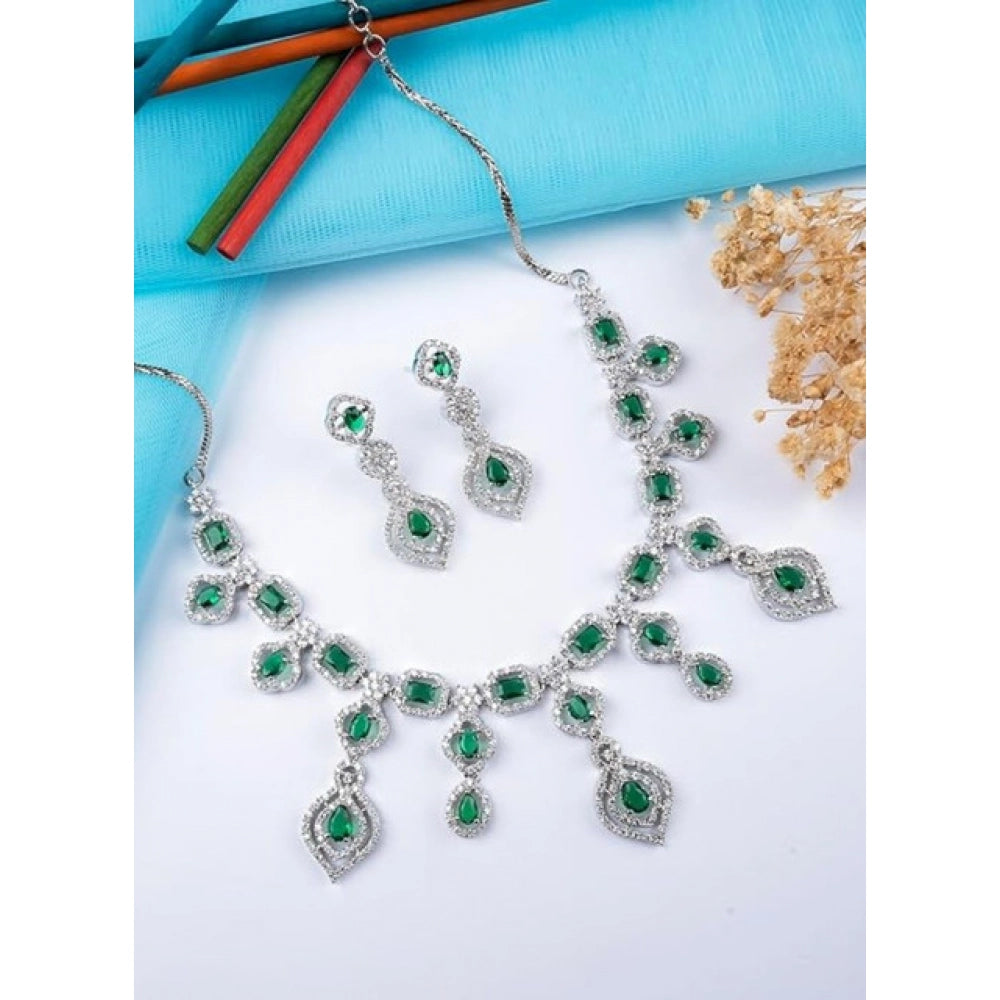 Women's Brass Silver Plated Necklace set (Green)