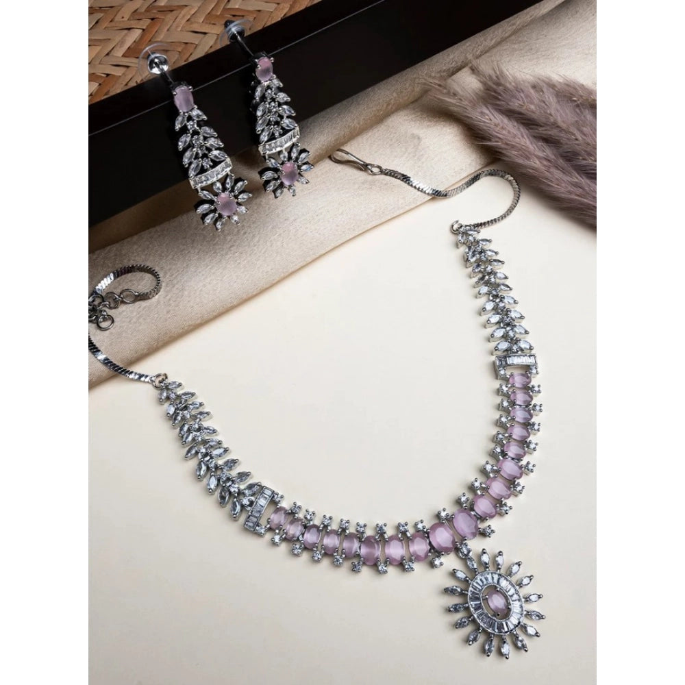 Women's Brass Silver Plated Necklace set (Pink)
