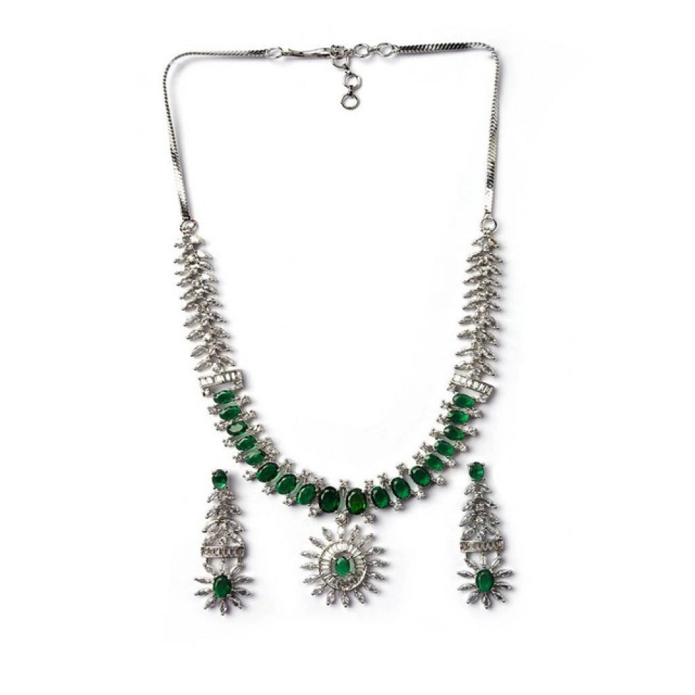 Women's Brass Silver Plated Necklace set (Green)