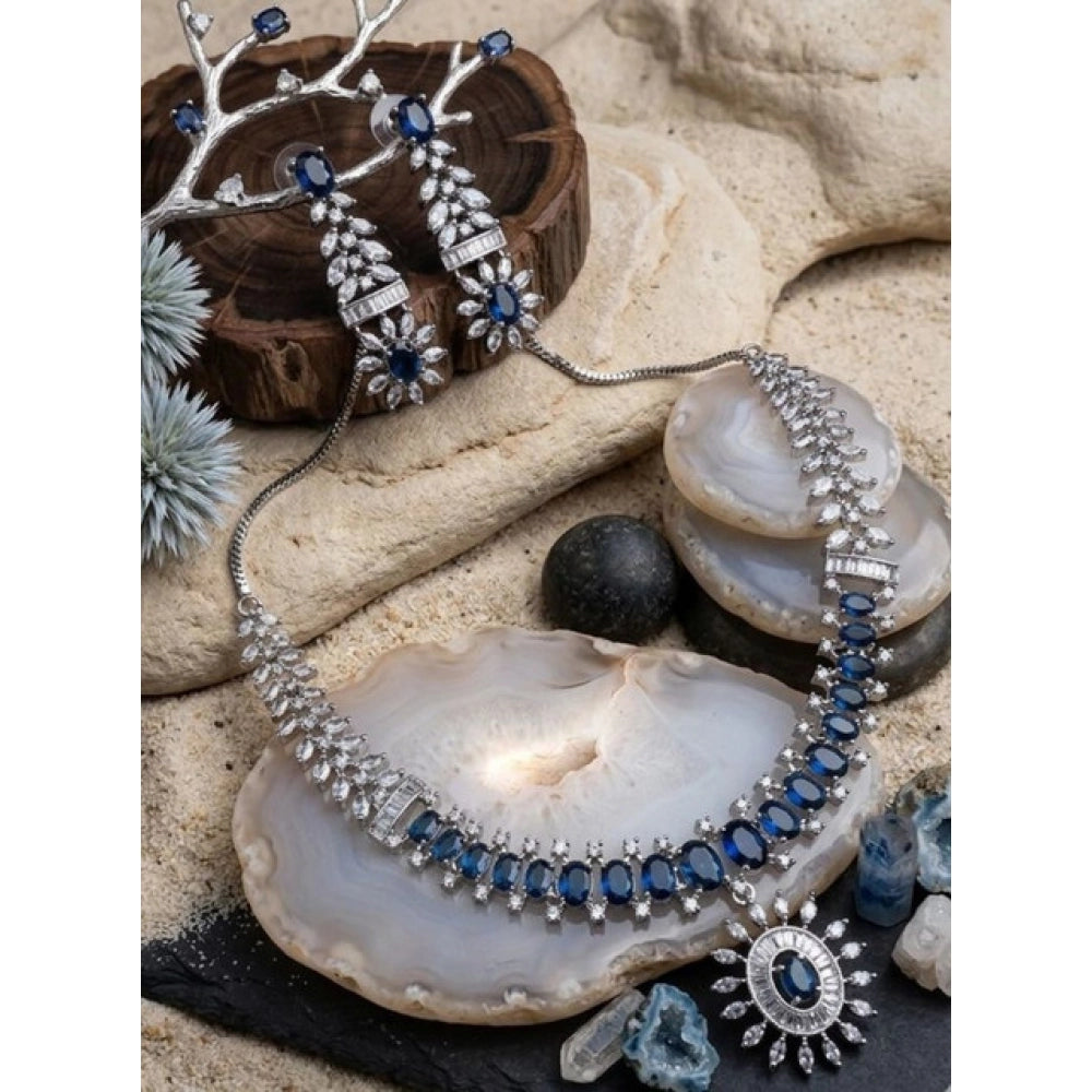Women's Brass Silver Plated Necklace set (Blue)